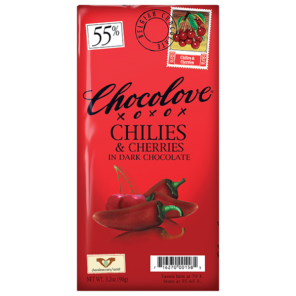 Chocolove - Large Bars - Chilies & Cherries Dark Chocolate 12/3.2oz (K) - Colorado Food Showroom