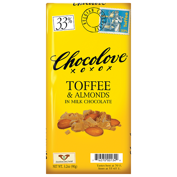 Chocolove - Large Bars - Toffee & Almonds Milk Chocolate 12/3.2oz (K) - Colorado Food Showroom