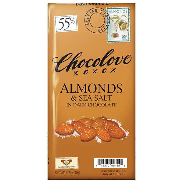 Chocolove - Large Bars - Almond Sea Salt Dark Chocolate 55% 12/3.2oz (K) - Colorado Food Showroom