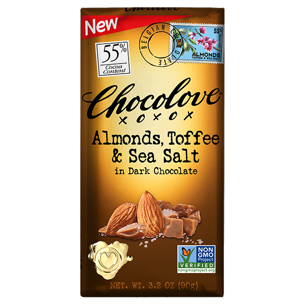 Chocolove - Large Bars - Almonds Toffee & Sea Salt Dark Chocolate 12/3.2oz - Colorado Food Showroom